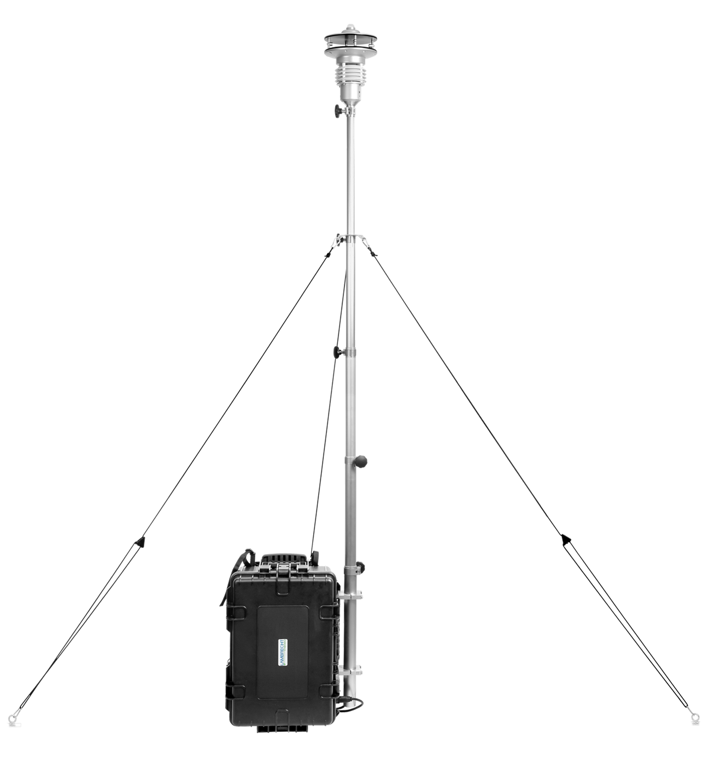 Mobile weather station with tripod and sensors for environmental data measurement.