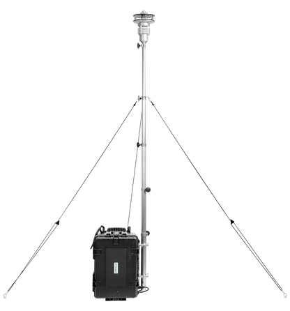 Mobile weather station with tripod and sensors for environmental data measurement.