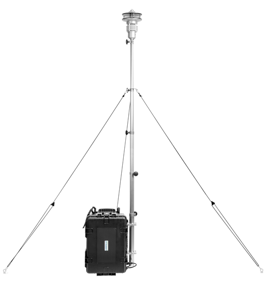 Mobile weather station with tripod and sensors for environmental data measurement.