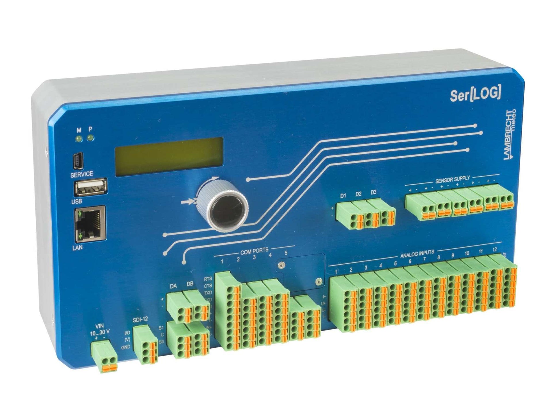 Datenlogger Ser[LOG] with LCD display, multiple input channels, Ethernet and USB connectivity.