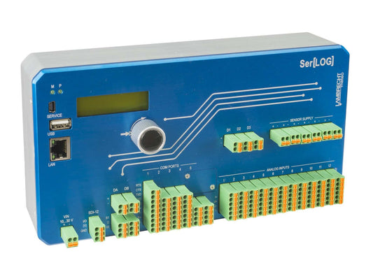 Datenlogger Ser[LOG] with LCD display, multiple input channels, Ethernet and USB connectivity.
