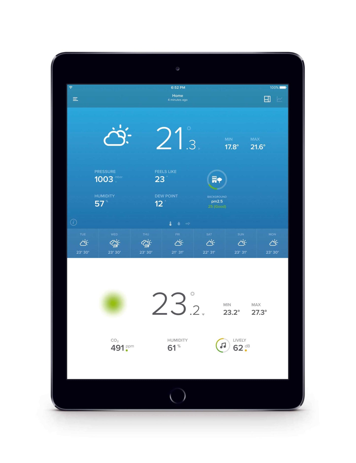 Netatmo Regenmesser Anzeige auf Tablet mit Wetterdaten und Niederschlagsprotokoll.