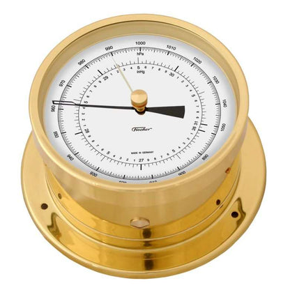 Präzisions-Aneroid-Barometer in messingfarbener Wandaufhängung zur atmosphärischen Druckmessung.