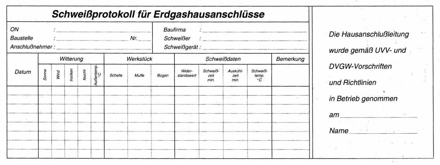Burger-Trommelschreiber Schweissprotokoll für Erdgashausanschlüss nach UVV und DVGW Vorschriften