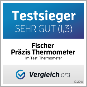 Testsieger-Auszeichnung für Fischer Präzis Thermometer von Vergleich.org mit Bewertung 1,3.